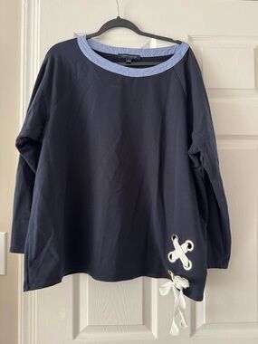 Tommy Hilfiger Navy Top with Light Blue Trim and White Tie Accent